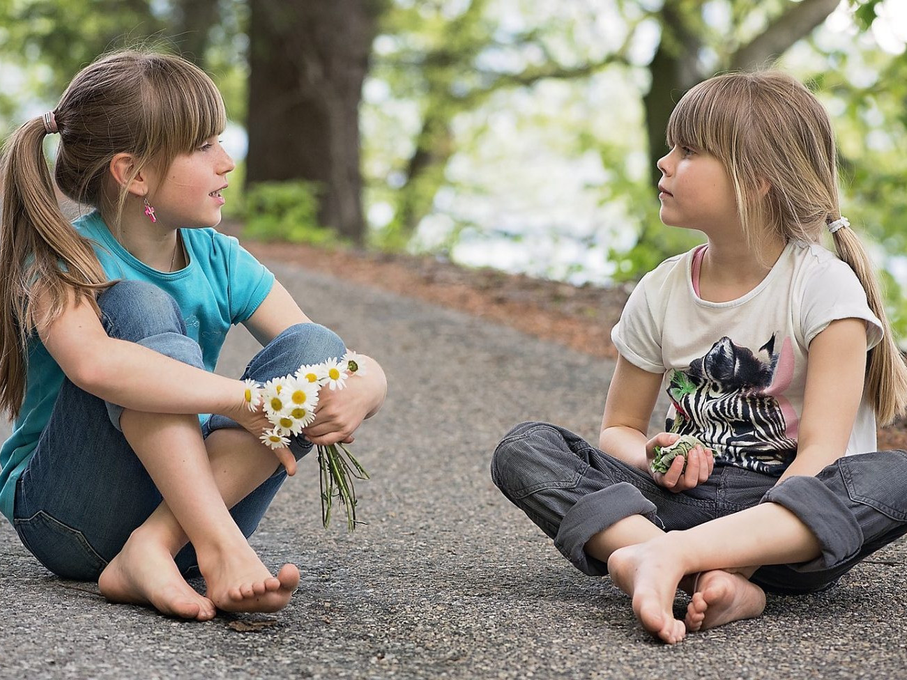kinderen, praten, geloof, bloem