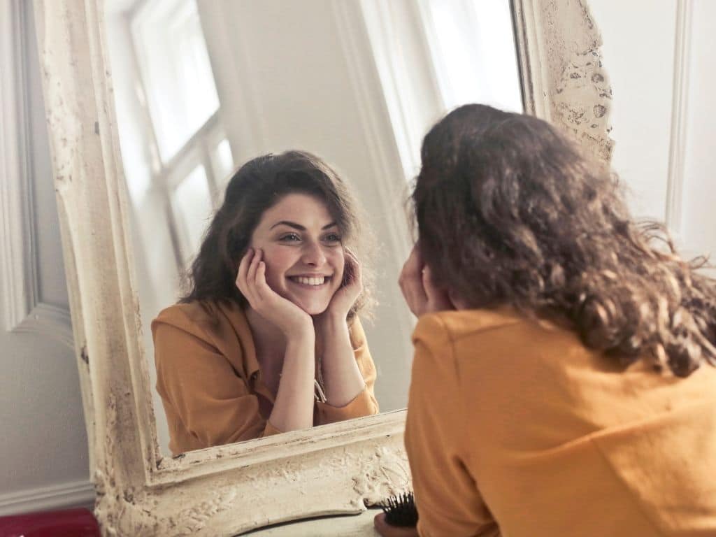 vrouw, spiegel, lume, weerspiegelen