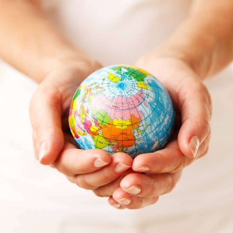 wereld, handen, vrouw