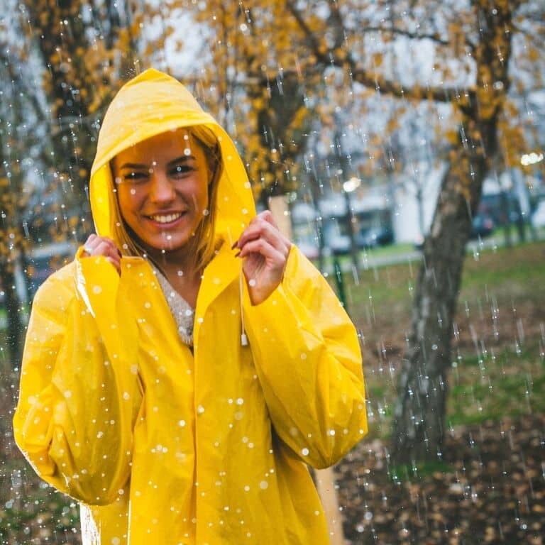 regen, zomer, vrouw, geel